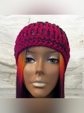 Handmade Burgundy and Black Crochet Beanie for Women